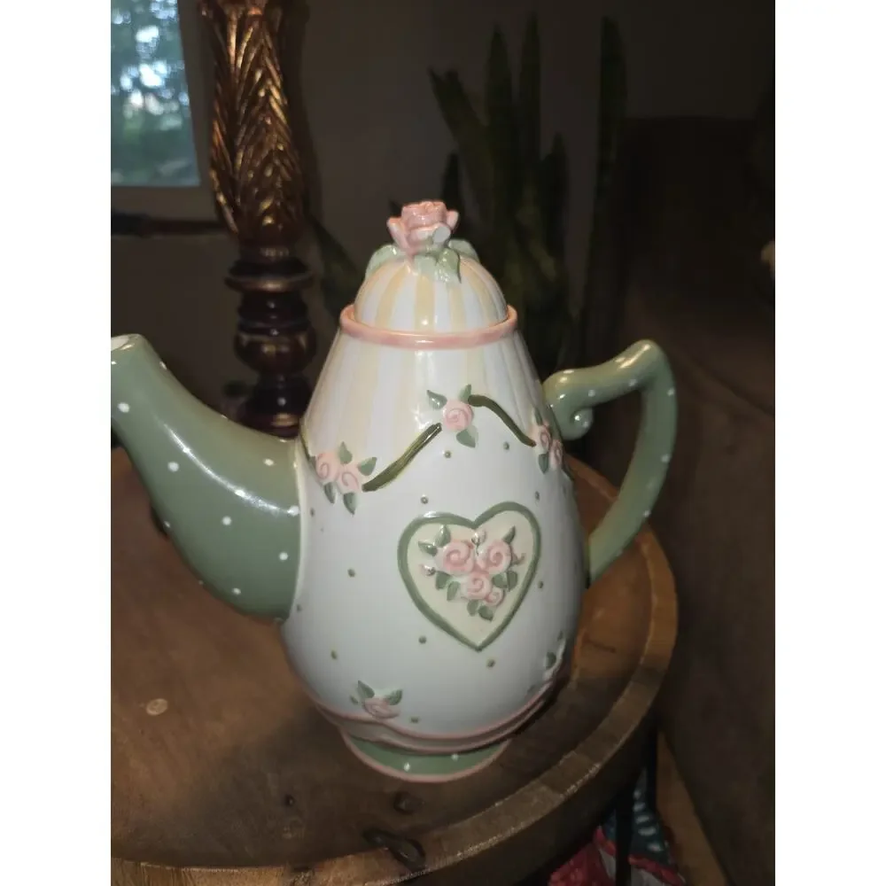 Karla Dornacher Giftcraft Rose Floral Teapot Pink Green Polka Dot Ceramic